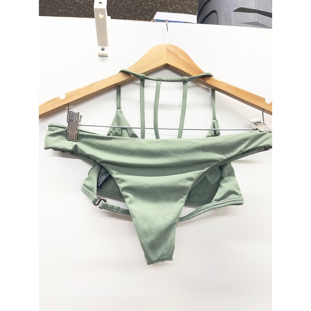 Plumeria Swimwear Sage Green Cage Back Bikini Set Small Top Medium Bottom